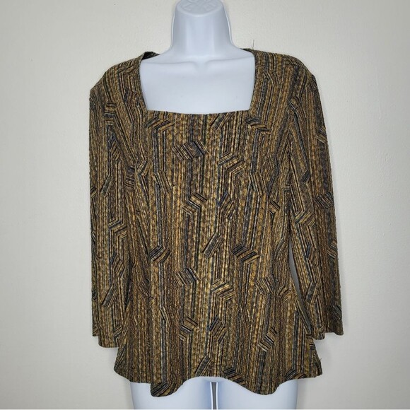 Brown gold line print art to wear grunge square neck 3/4 sleeve top large - Picture 1 of 6